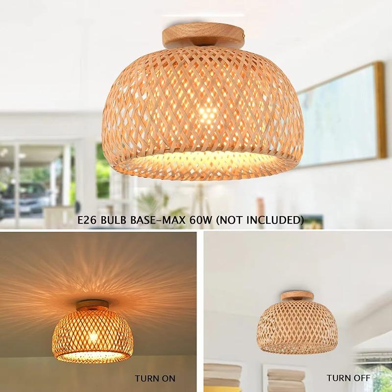 Vintage Bamboo E27 Retro Ceiling Light Hand Woven Bamboo Rattan Boho Light for Farmhouse Kitchen Island Dining Room Home Decor