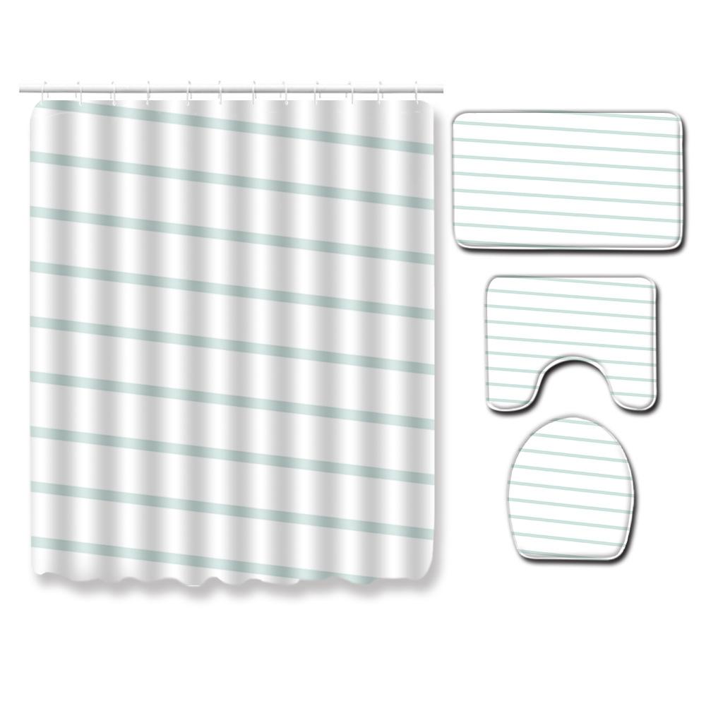 Gestreifte Quadratische Badezimmer Duschvorhang Bodenmatte WC-Deckel Fußmatte Vierteiliges Set