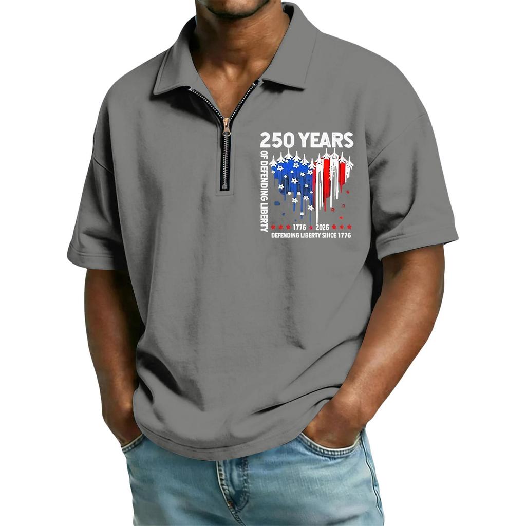 Men's Casual Loose Fit Polo Shirt Short Sleeve Top with Flag and Letter Print Suitable for Everyday Wear and Outdoor Activities