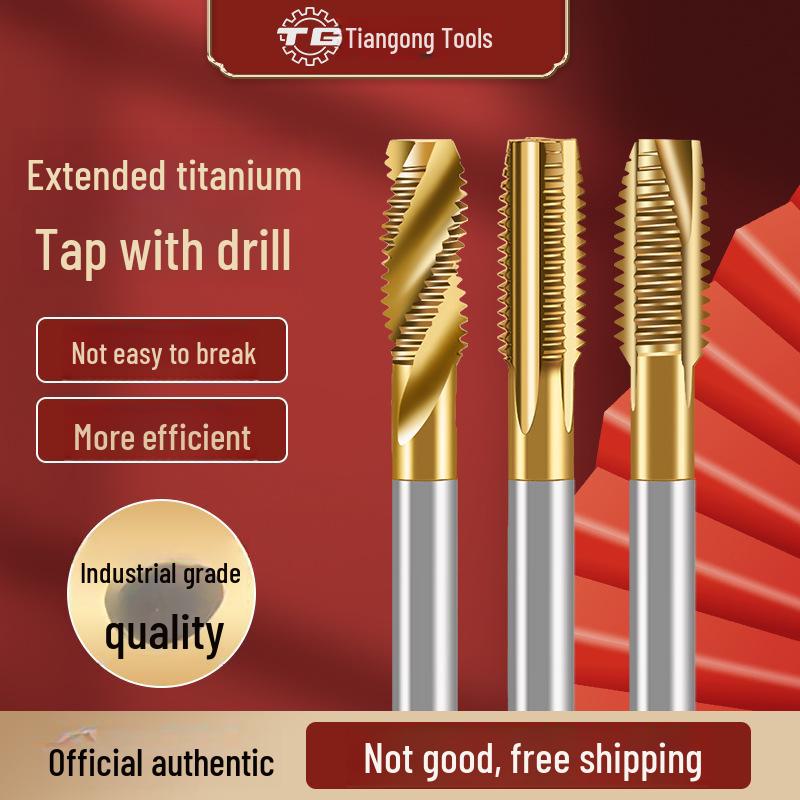 Tiangong Titanium-Plated High-Speed Steel Taps with Cobalt-Plated Straight Grooves for Stainless Steel.