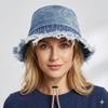Chapéu Bucket Jeans Retrô Feminino Bainha Crua Desfiada Chapéus de Sol com Tira Ajustável no Queixo Verão Exterior Praia Chapéu Panamá Streetwear Bob