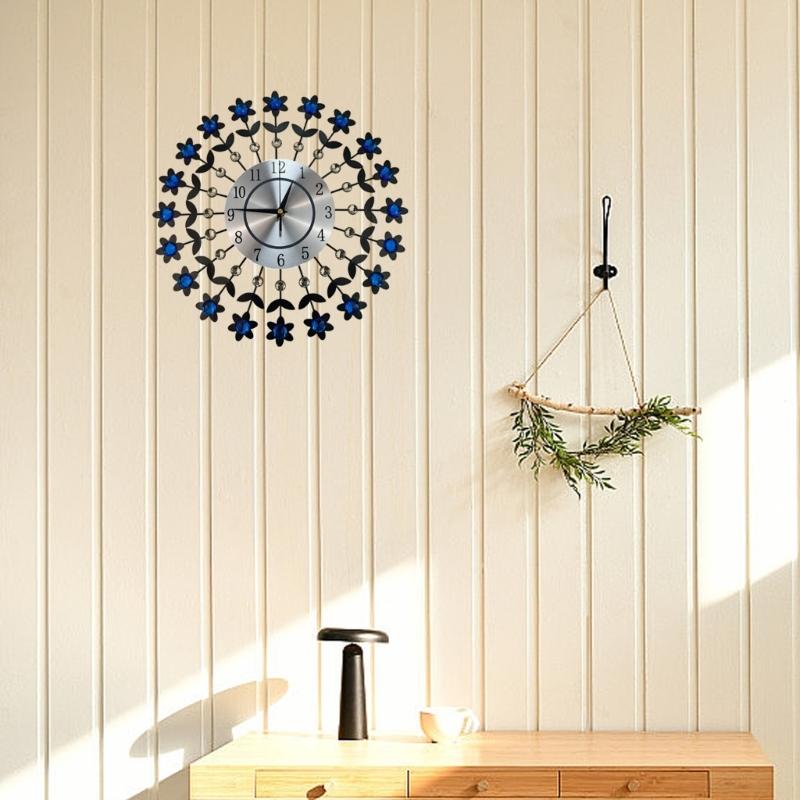 Crystal Flowers Wall Clock None-Ticking Silents Battery Operated Clocks Decorative Wall Clocks for Living Room Decors