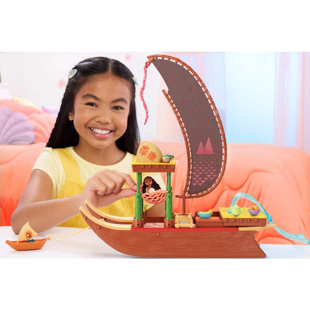 Mattel Disney Moana 2 Toy Playset with Floating Adventure Small 1 Character 6 Play and 10 Accessories Canoe, Doll, Friend, Areas,