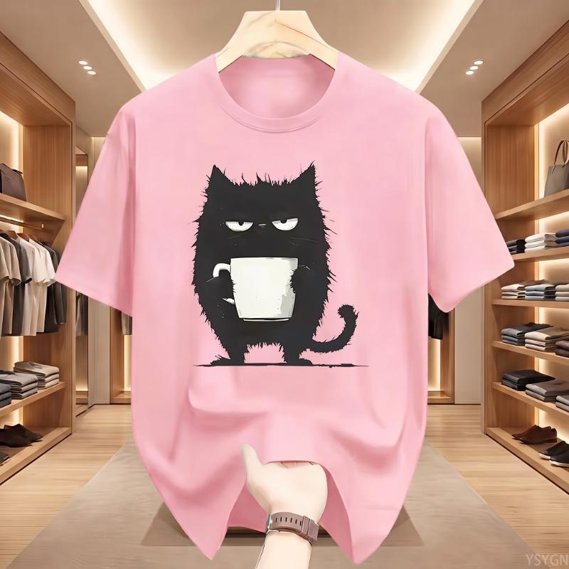 Funny Black Cat Coffee Cup Print T-Shirt Men Women Cotton Tee Cute Cat Lover Streetwear Graphic T Shirts