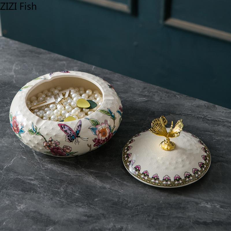 Floral Pattern Dragonfly Lid Storage Jars Dressing Table Ring Jewelry Box Round Cosmetic Jar Ceramic Crafts Candy Pots Aroma Can