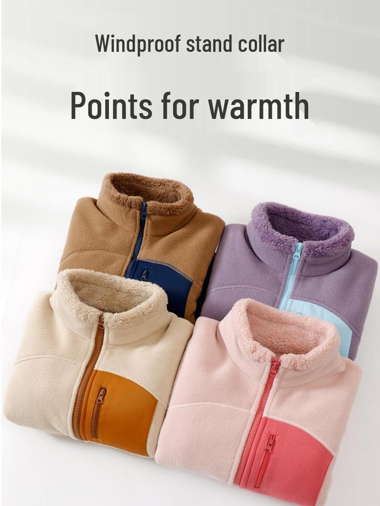 Kids' Thick Fleece-Lined Winter Coat with Stand Collar - Warm, Windproof, and Comfortable for Parent-Child Wear