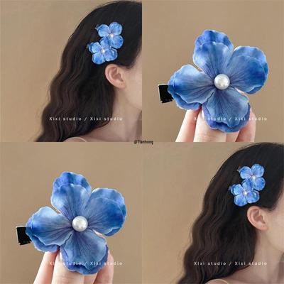 Blue Beach Floral Hair Clip - Elegant Headwear & Side Hairpin Accessory