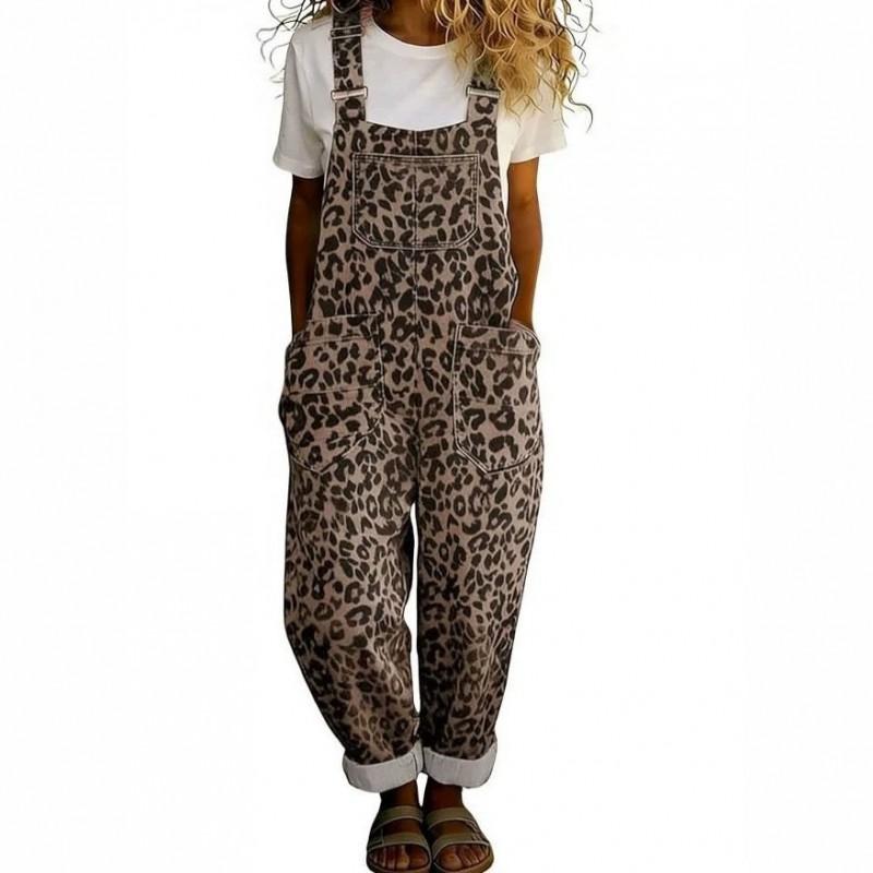 Leopard Print Denim Overalls With Adjustable