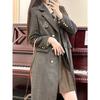 High-end Grey Long Coat for Women, Vintage Double-breasted Long Sleeve Outerwear