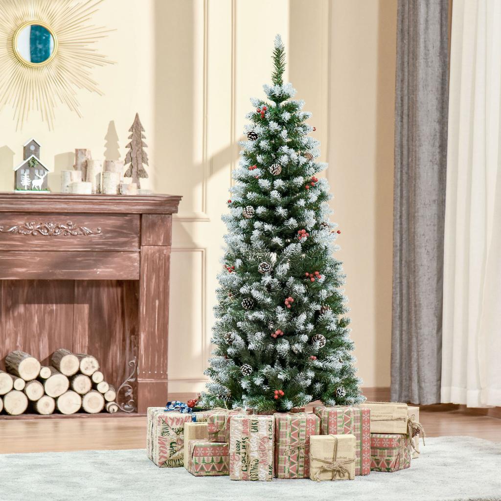150cm Artificial Snow-Covered Christmas Tree with Red Berries and White Pine Cones, Removable Folding Base, 408 Branches