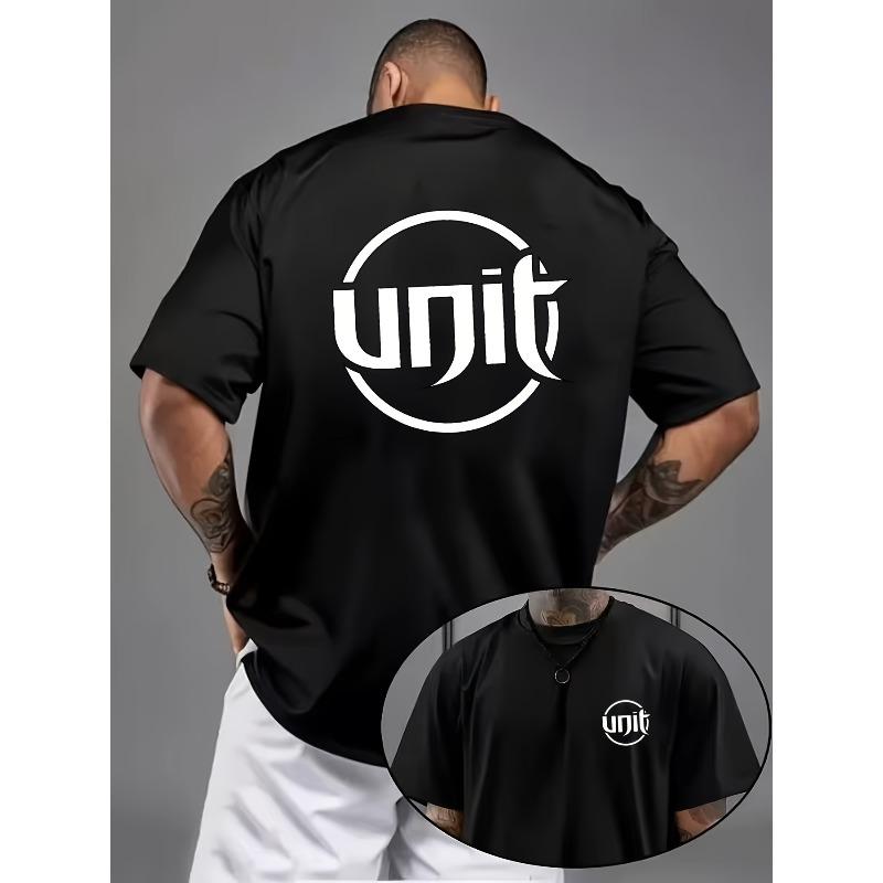 European sizes Men's Minimalist Letter Print T-Shirt, Slight Stretch Short Sleeve, Summer Outdoor Casual Attire - Machine Washable