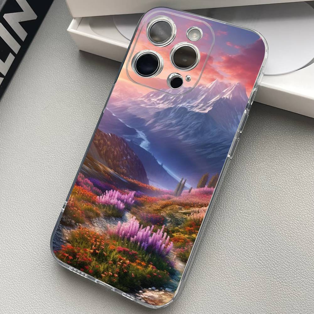 Landscape Painting Transparent Back Phone Case For iPhone 17 16 15 13 12 11 14 Pro Max Mini Plus Silicone Bumper