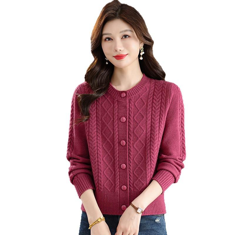 Damski dzianinowy kardigan z rombami i warkoczem – Wiosna/Jesień, Okrągły dekolt, Jednolity kolor, Luźny krój, Długi rękaw, Sweter płaszcz.