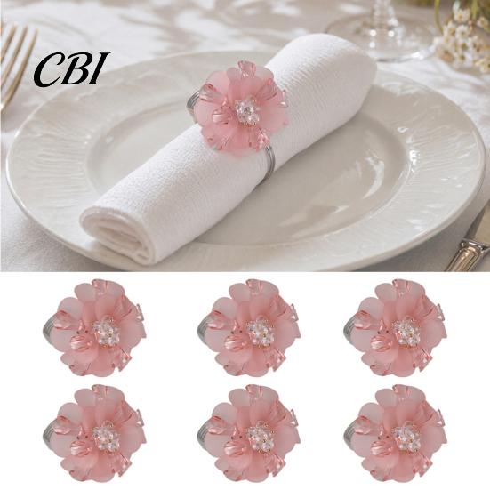 Reusable Napkin Holders 6Pcs Pink Flower Rings, Acrylic Holders, Elastic Rings Elegant Dinner for Wedding Bridal Shower Hotel Banquet Table