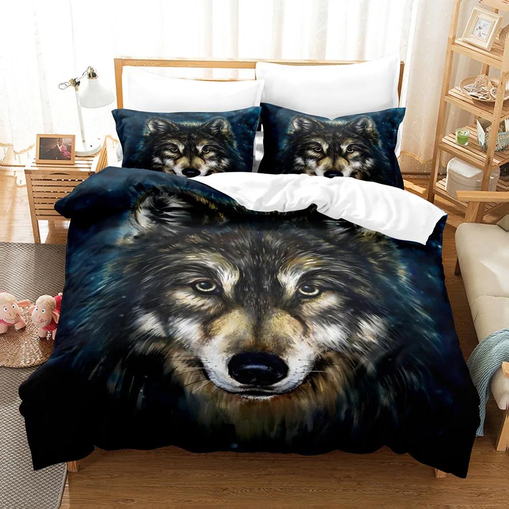 Boys Wolf Duvet Cover Set Queen Size, Boho Wolf Wildlife Animal Bedding Set Men Galaxy Dream Catcher Moon Polyester Quilt Cover