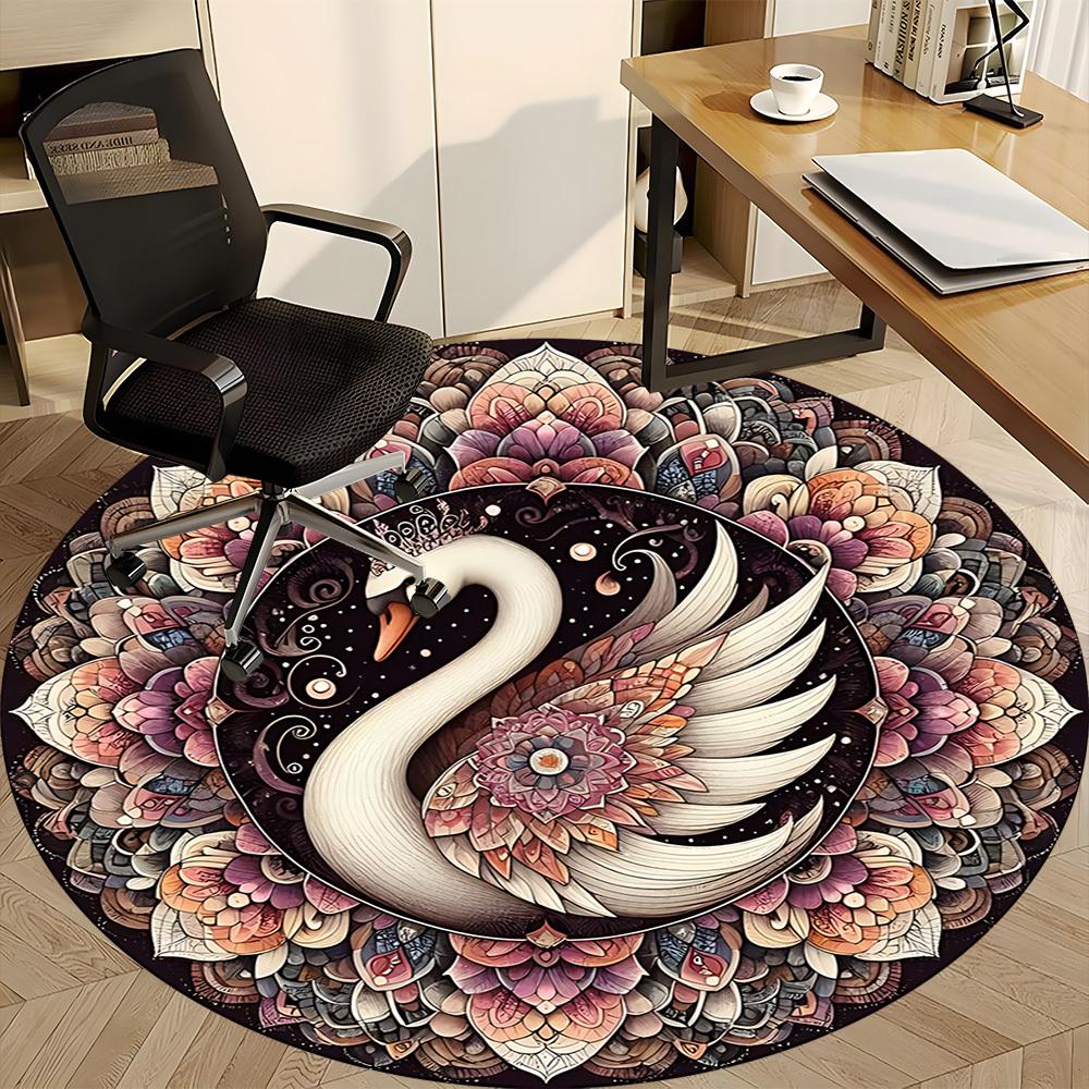 1PC Swan Mandala Art Office Round Rug, Non slip, Soft and Durable Office Rug for Interior Decoration, Perfect for Office