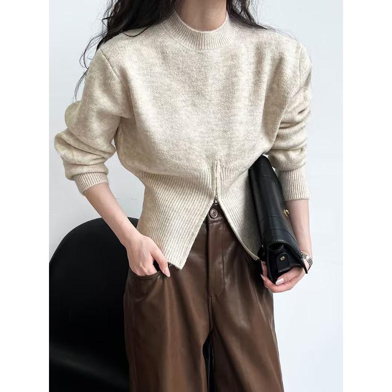 Autumn Round Neck Zipper Design Long Sleeved Knitted Sweater Loose Solid Color Casual Fashion Office Pullover Women Sweaters Female Clothing