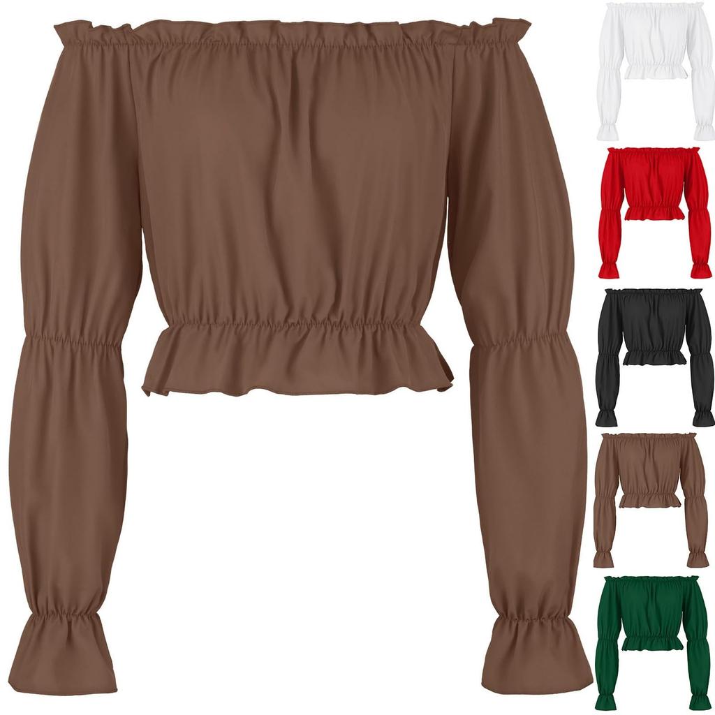 Women's Fashion Solid Color Long Sleeved Off Shoulder Pleated Strapless And Exposed Navel Shirt Top