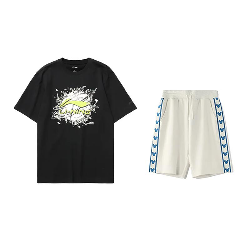 Li Ning Basketball Print Round Neck Short Sleeve T-Shirt Comfortable Skin-Friendly Versatile Shorts Casual Sports Suit AHSUA05-2+YKSV129-1