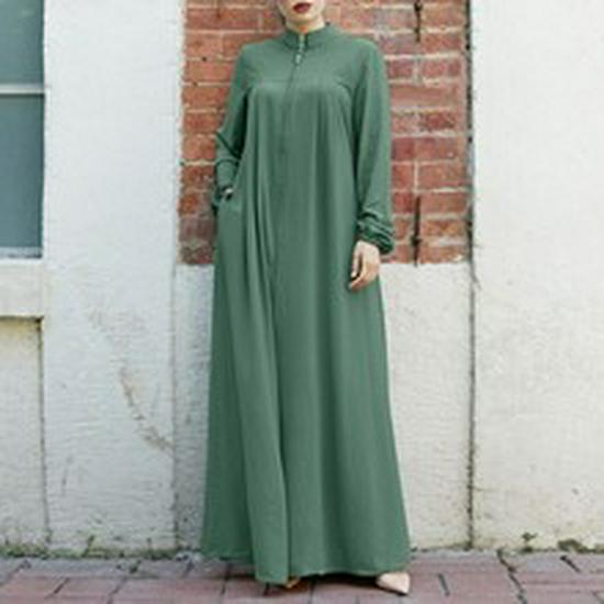 2024 Middle East Muslim Women's Puff Sleeve Dress with Zipper Placket and Elastic Cuffs