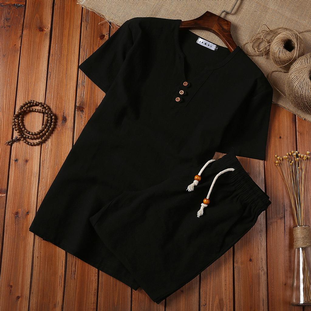 Mens Cotton Linen Set Solid Color Short-Sleeved T-Shirt Large Size Casual Set