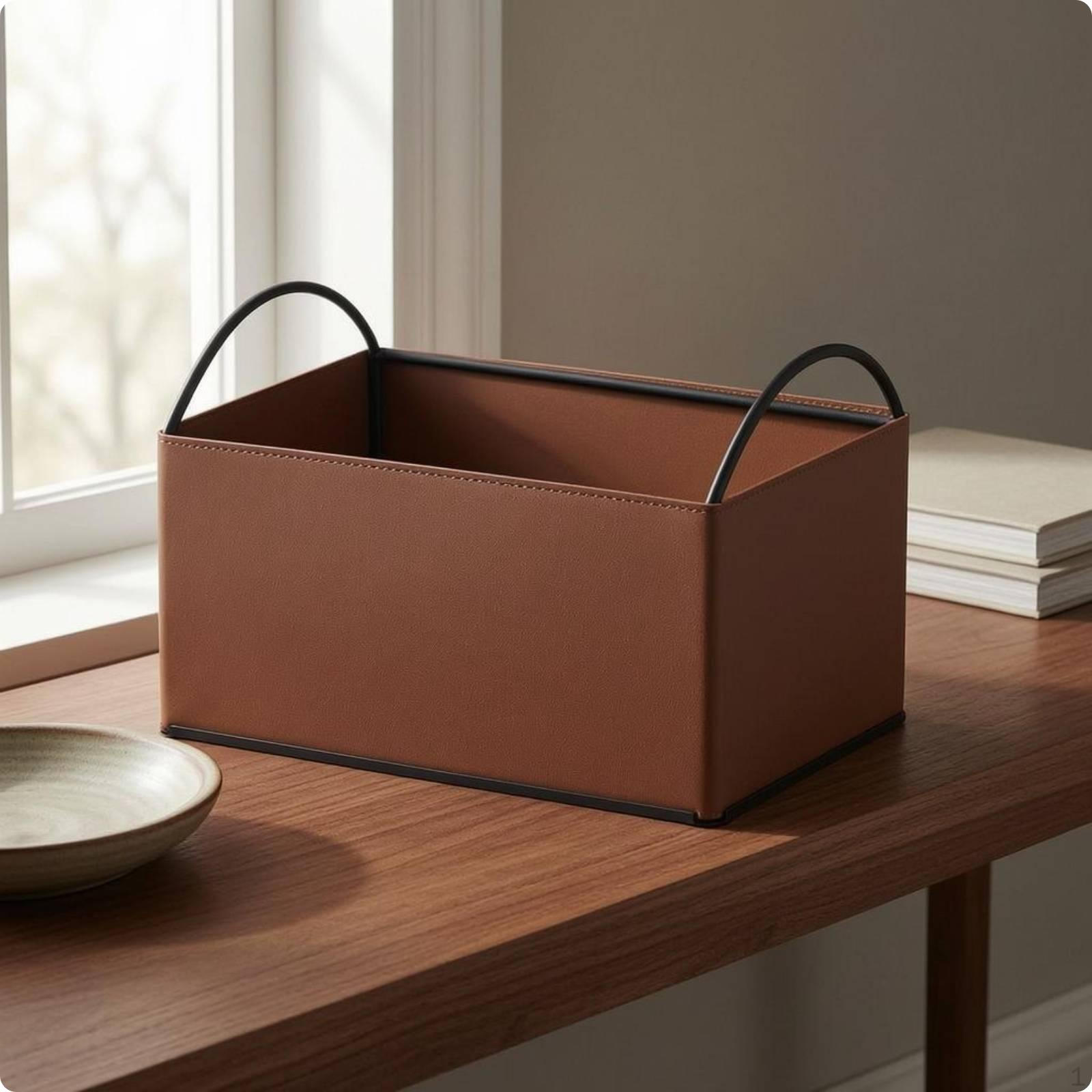Iron PU Leather Storage Box Rounded