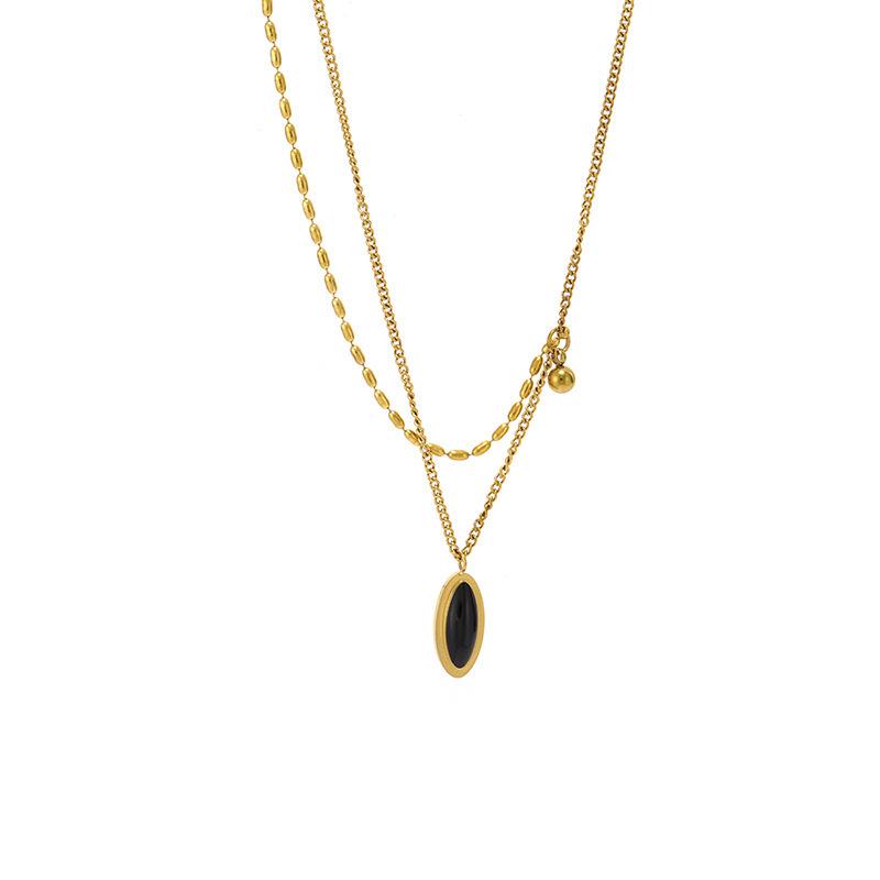 18K Retro Black Mirror European & American Oval Stainless Steel Necklace