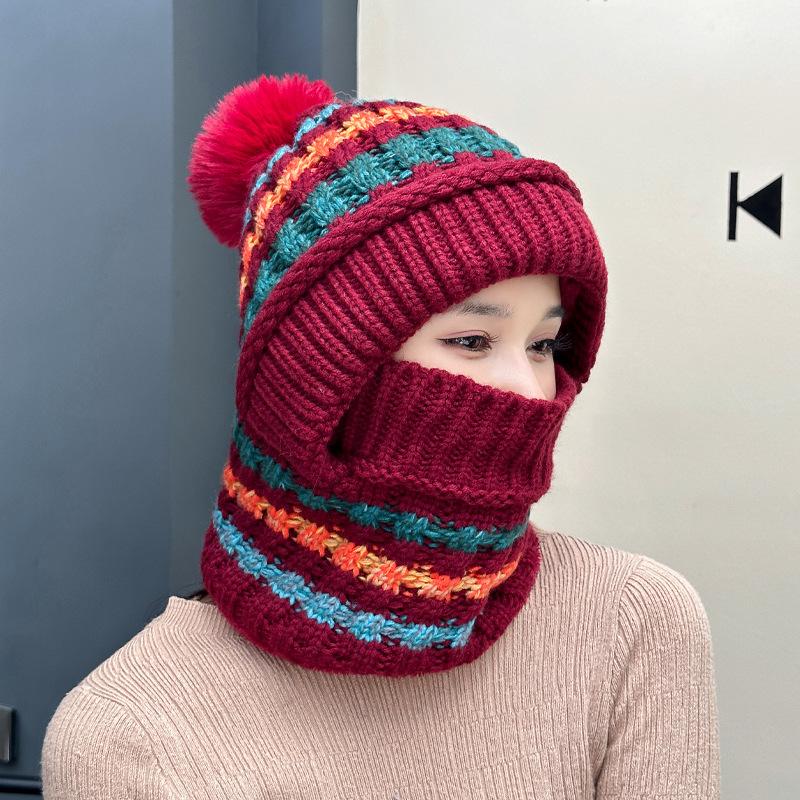 Winter hat, scarf, mask, integrated hat, women's cycling, windproof, ear protection, pullover hat, fleece warm knitted wool hat