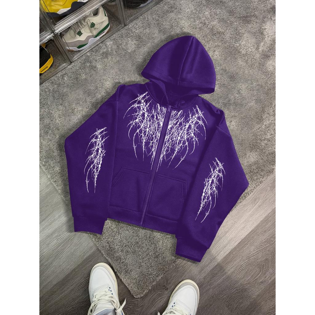 Hip-Hop Streetwear Marke: Kapuzenpullover mit 'Dark Thorns'-Print; lockerer, vielseitiger Reißverschluss-Pullover für Paare