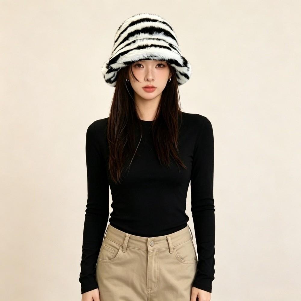 Fluffy Striped Fisherman Hat Faux Fur Basin Hat New Bonnet Cap