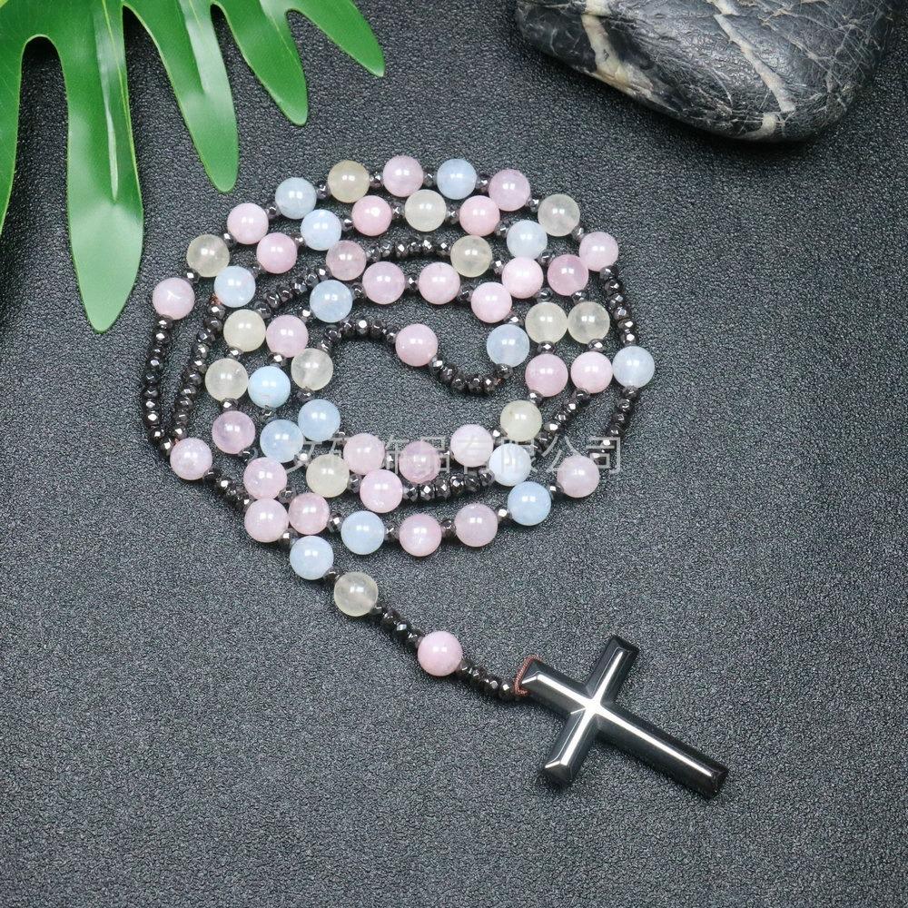 Collier pendentif croix en pierre naturelle, Croix en pierre d'œil de tigre et fer à bille chapelet collier pour homme