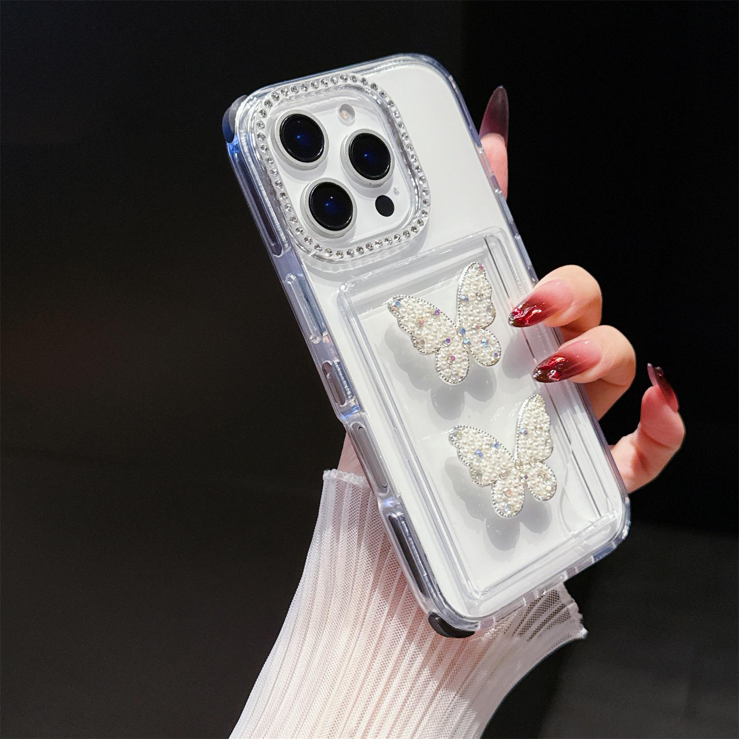 

For iPhone 16 Pro Max Case Rhinestone Decor TPU+PC Phone Cover with Butterfly Card Holder Black