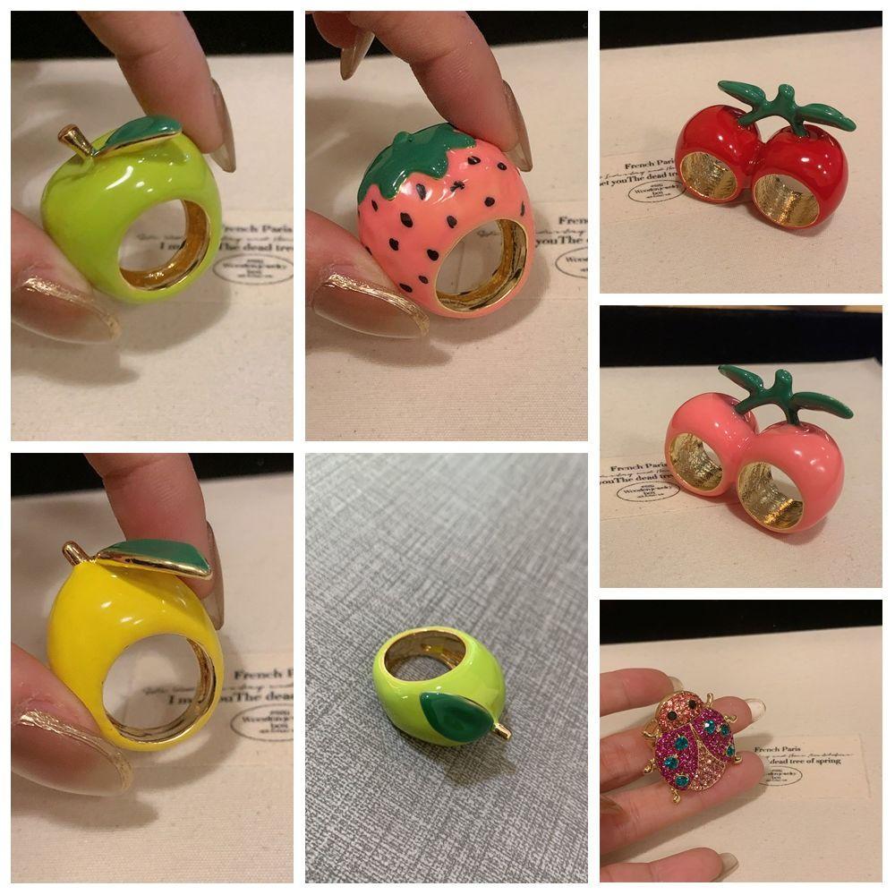 Cherry Painting Ring Strawberry Fruit Enamel Ring Cute Drip Oil Ring  Men