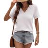 Women's V Neck Lace Trim Waffle Knit Short Sleeve Blouse Casual Hollow Knit Top