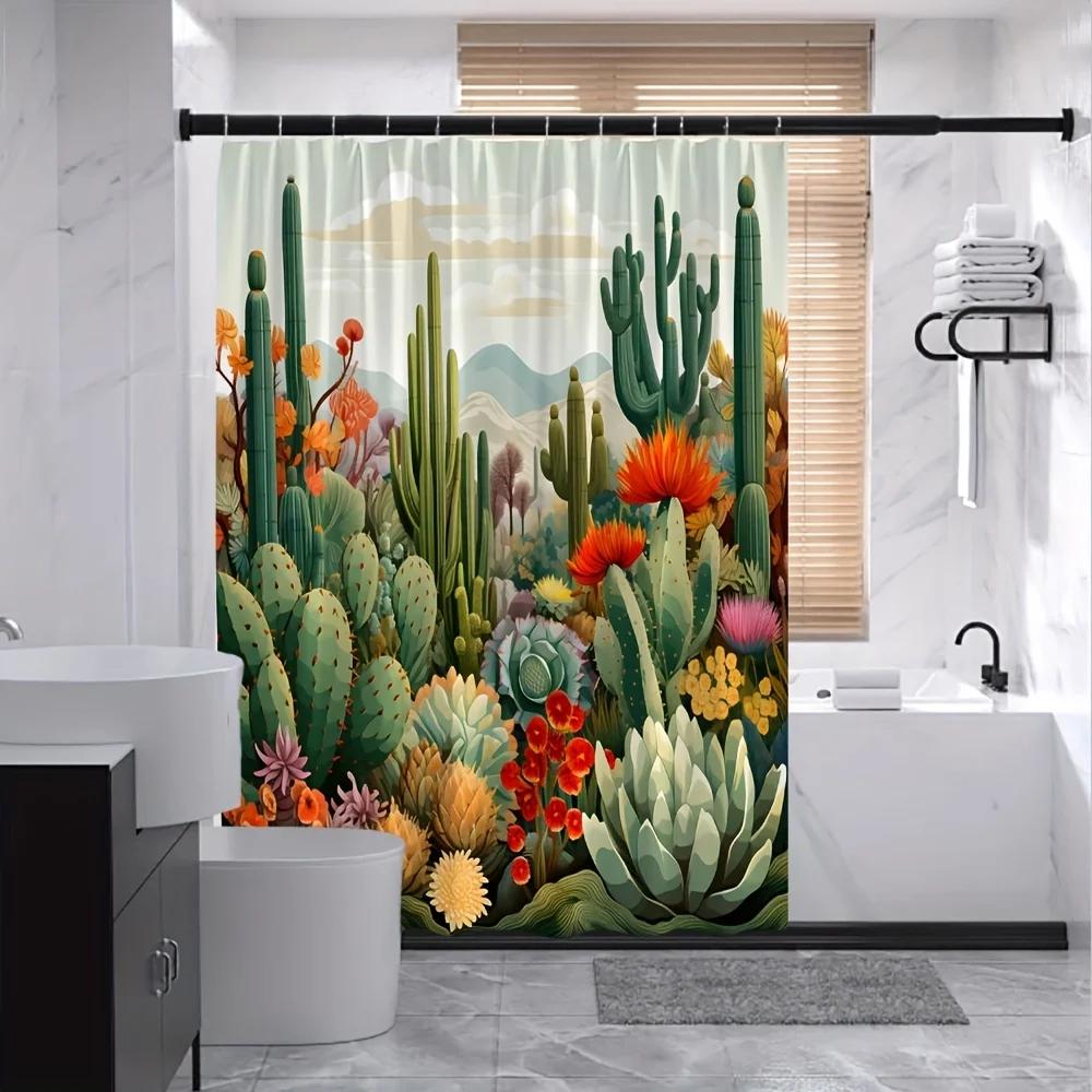 Desert Oasis Shower Curtain - Vibrant Cactus, Floral & Mountain Theme for Bathroom Decor, Adds Exotic Charm and Colorful Beaut