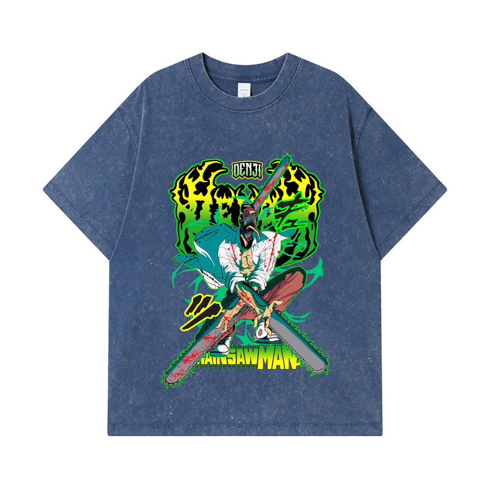 275 GSM Washed T-shirts 100% Cotton Chainsaw Man V36 Denji Pochita Print Unisex Heavy Cotton T Shirt