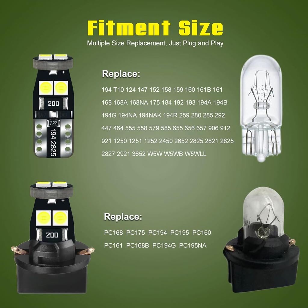 12V White T10 W5W 158 168 194 2825 trument Cluster Light LED Bulb Replacement For Dashboard Dash Panel Gauge Indicator Lamp with Socket Cross PC168