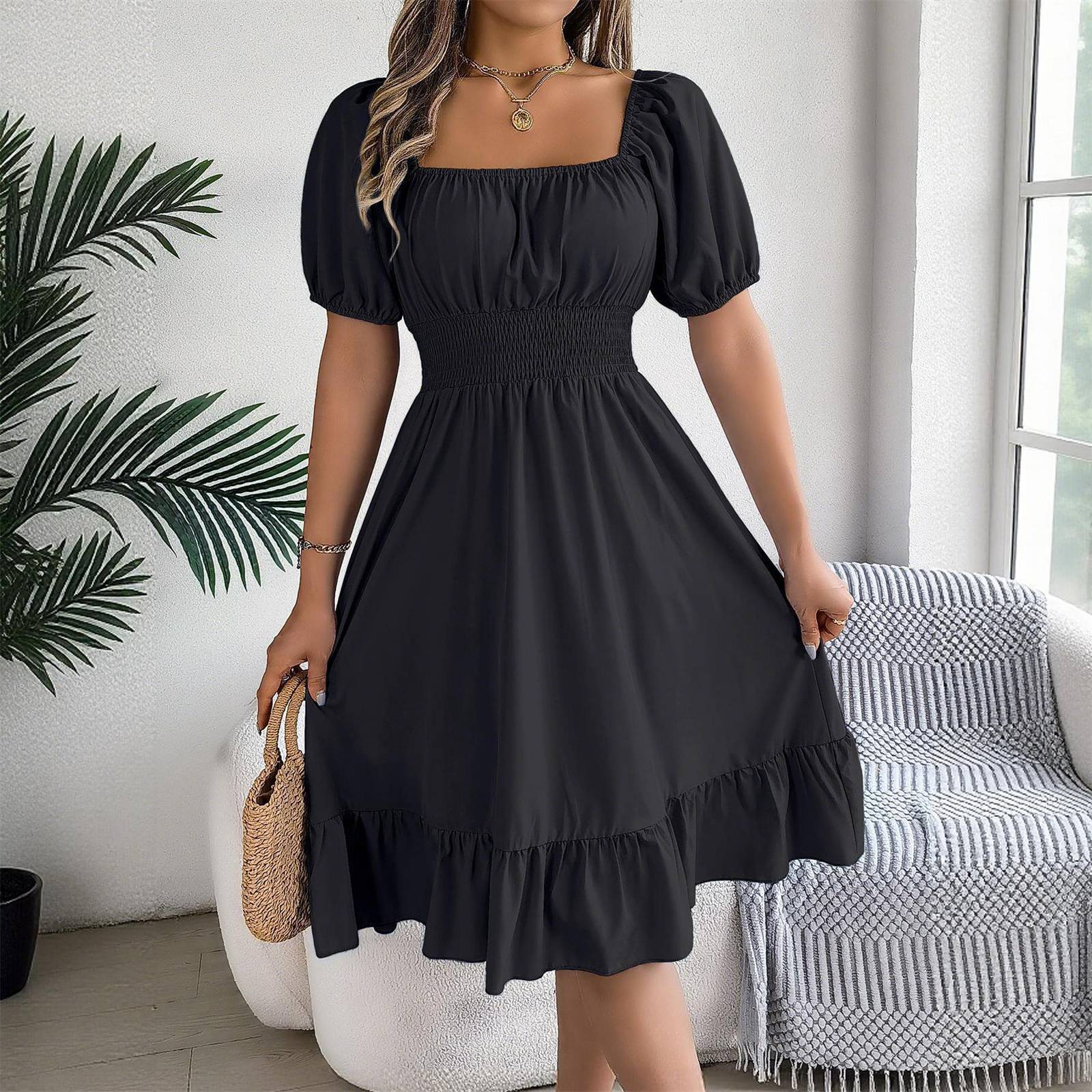 Women s Fashionable Retro Color Square Collar Fungus Hem Waist A-line Long Skirt Short-sleeved Dress L