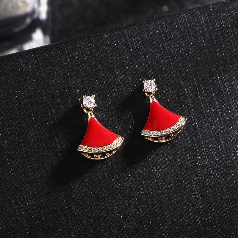 Small Fan Classic Red Earrings, Auspicious and Joyful New Year Earrings, Micro Set with Drip Glaze S925 Silver Needle, Primordial Year Earrings