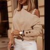 Autumn Winter Fashion Sexy Slanted Shoulder Chain Pullover Tops  Off Shoulder Long Sleeved Casual Simple Streetwear Blouse Knit Solid Turtleneck Shirt