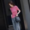 Women's Pleated Round Neck Short Sleeve Knit T-shirt