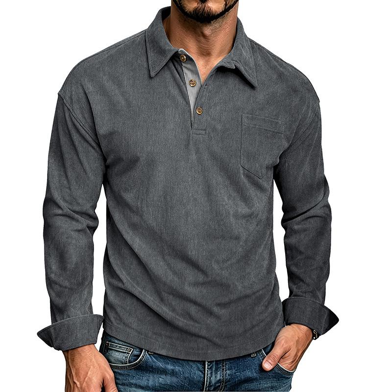 Mens Long Sleeve Corduroy Polo Shirt Casual Autumn Top