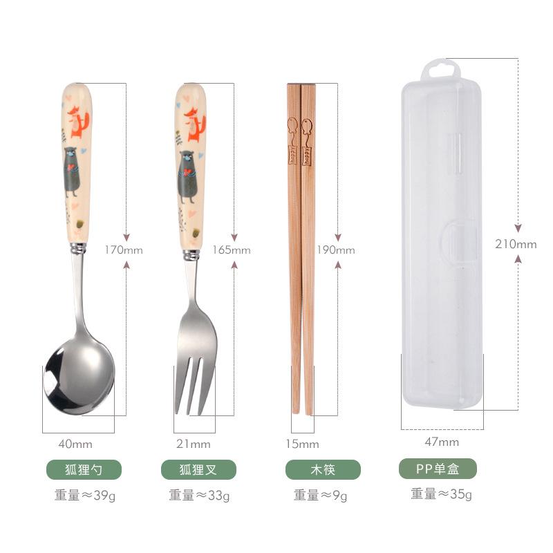 New stainless steel fork, spoon and chopsticks ceramic handle cartoon three-piece set student travel spoon chopsticks portable tableware set