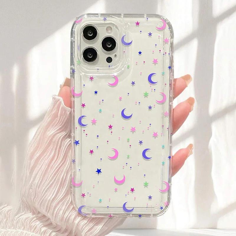 Moon Stars Print Clear Phone Case For lPhone 17 16 15 14 13 12 11 Pro Max XR X XS 7 8 15 Plus SE2Shockproof Silicone Cover Case