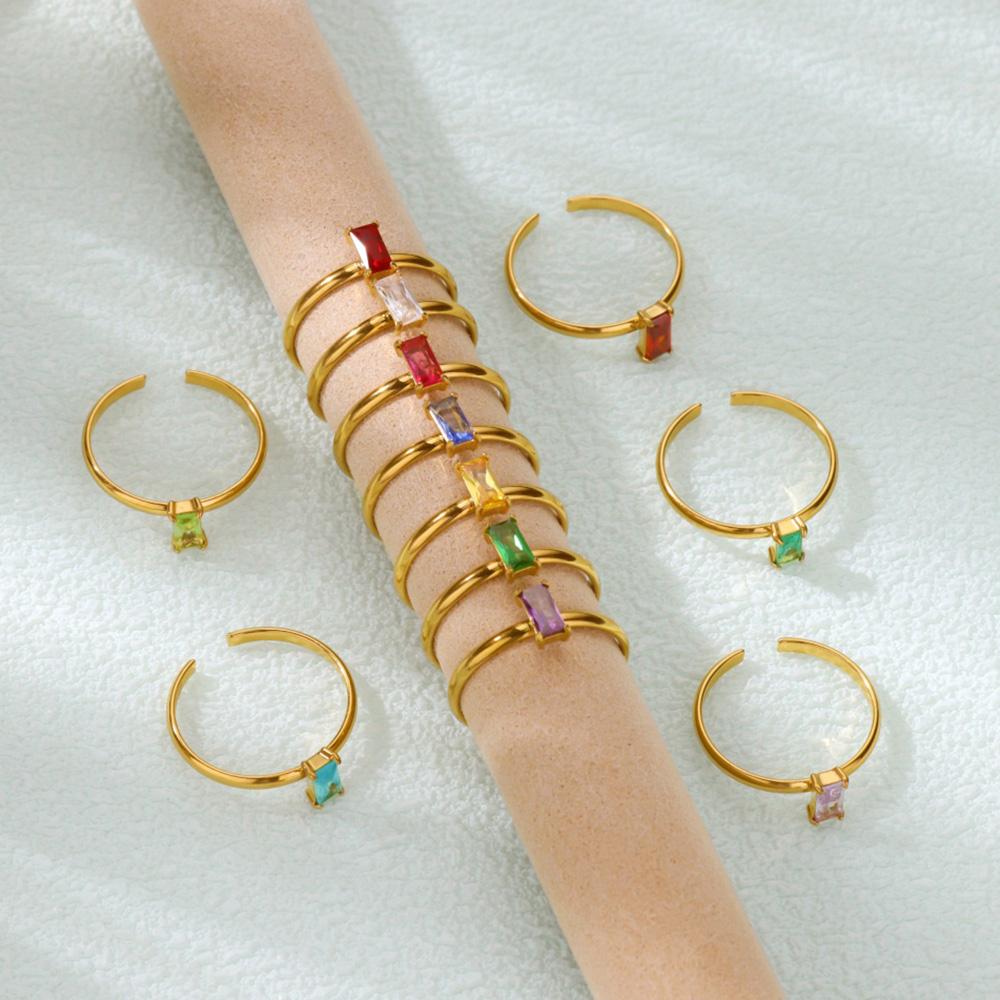 Chic Geometric Square Stone Rings For Women Fashion Birthston Birthday Party Gold Color Opening Ring Jewelry Elegant Her Gift