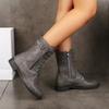 Damen Square Heels Stiefeletten Herbst Winter PU Leder Kurze Arbeitsstiefel Frau Übergröße Schnürschuhe Elastische Schuhe