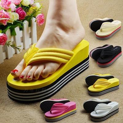 Damen Sommersandalen mit Streifenabsatz und Keilabsatz, Flip-Flops, Strand-Zehensteg-Schuhe, Hausschuhe