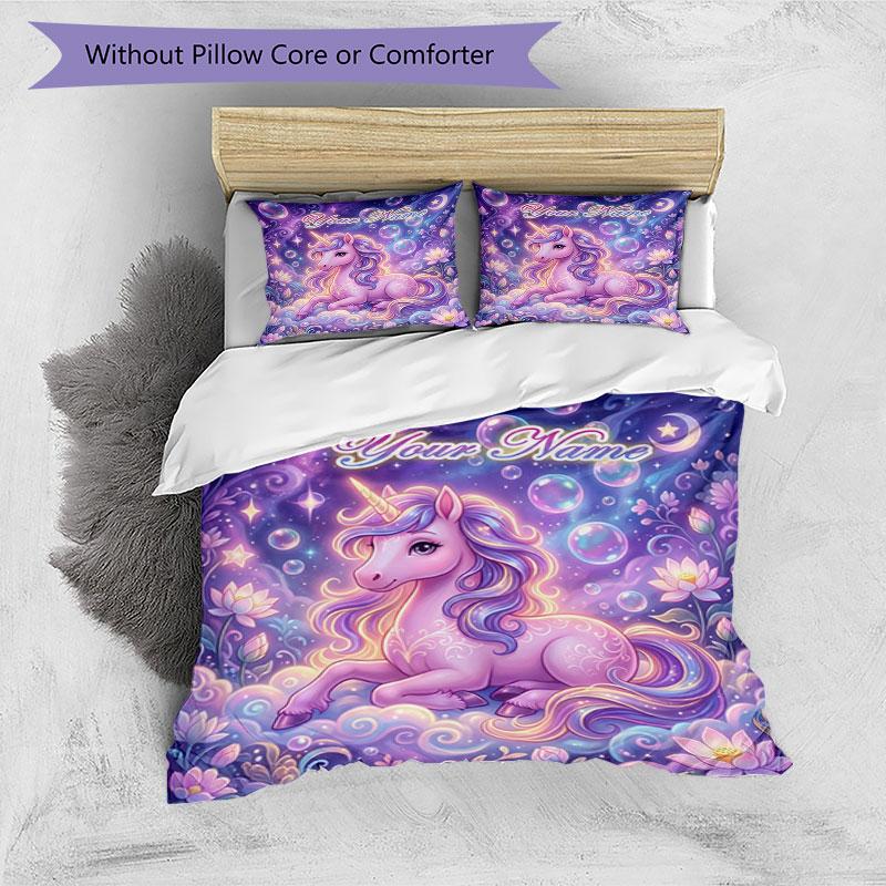 3PC Custom Name Unicorn Dreams Fantasy Art Bedding Set Duvet Cover Closure Includes 1 Duvet Cover & 2 Pillowcases for Bedroom