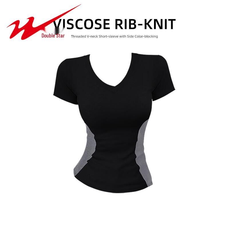 Women s V-Neck Contrast Knit Short Sleeve Top XL