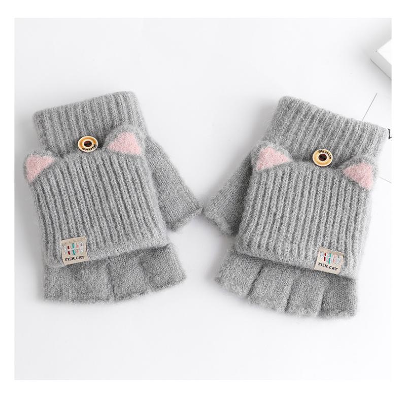 Women'S Cat Ear Convertible Fingerless Gloves, Winter Warm Gloves, Elastic Fit Design, Fashionable And Warm Cat Ear Gloves